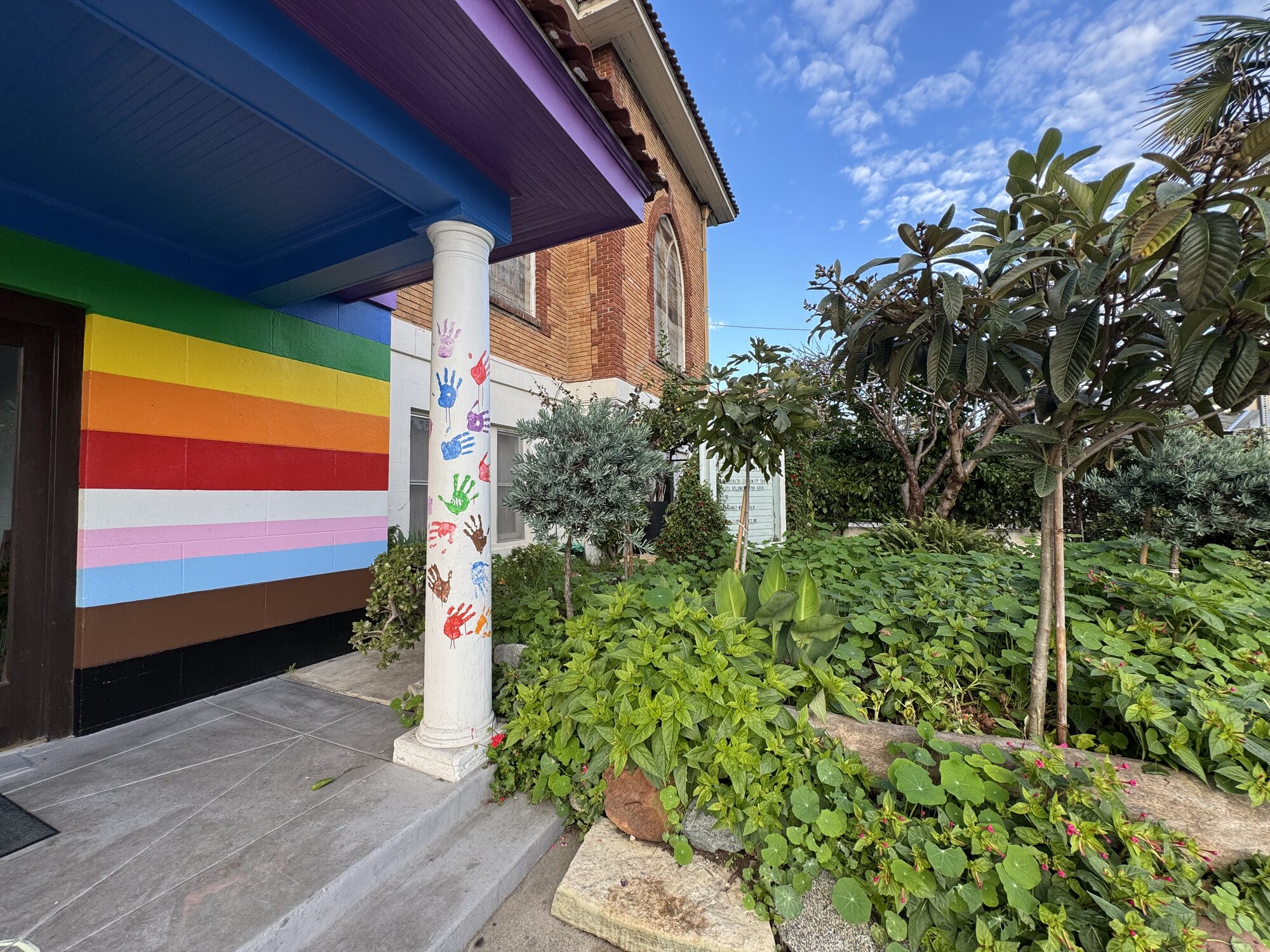 Garden-lined side entrance to Church in Ocean Park