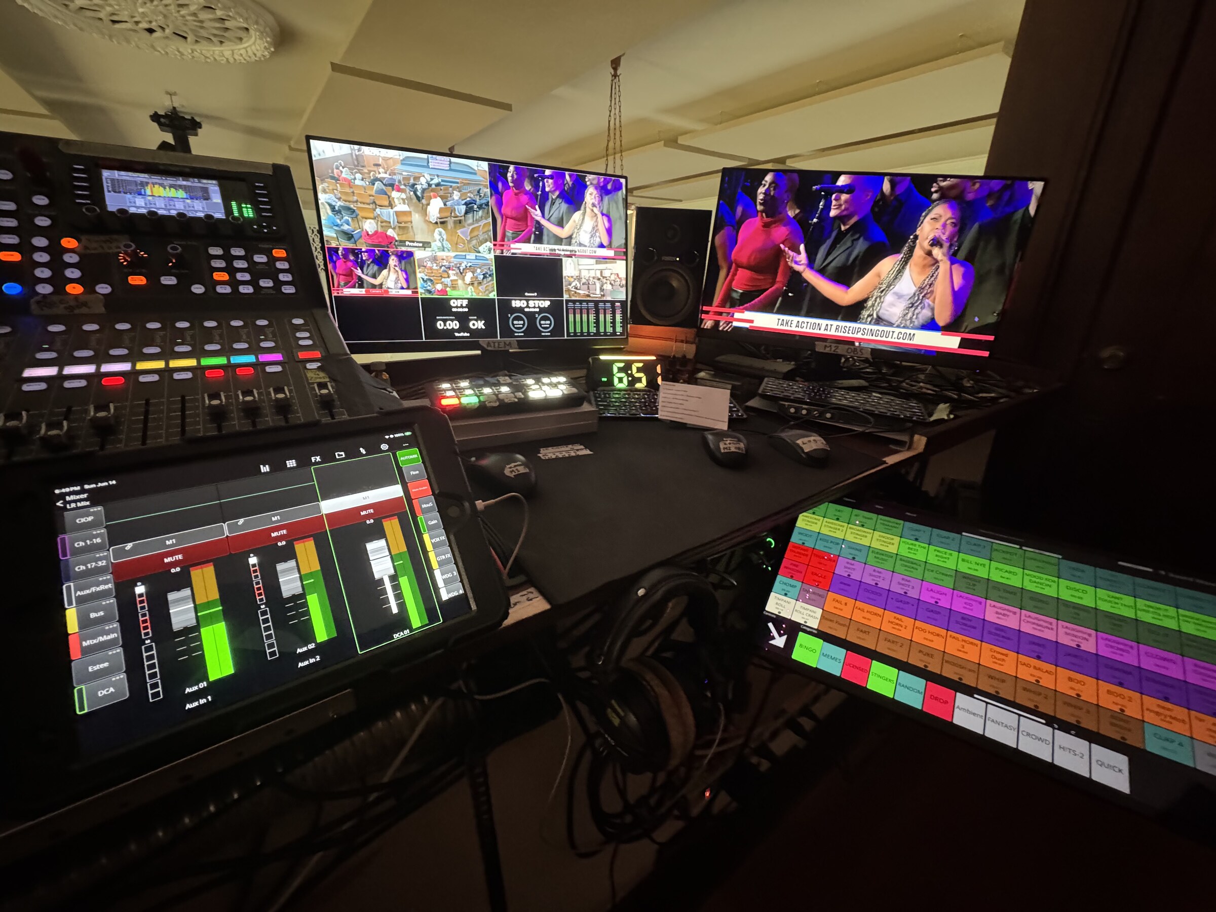 Integrated audio, video, camera and stage-lighting control position